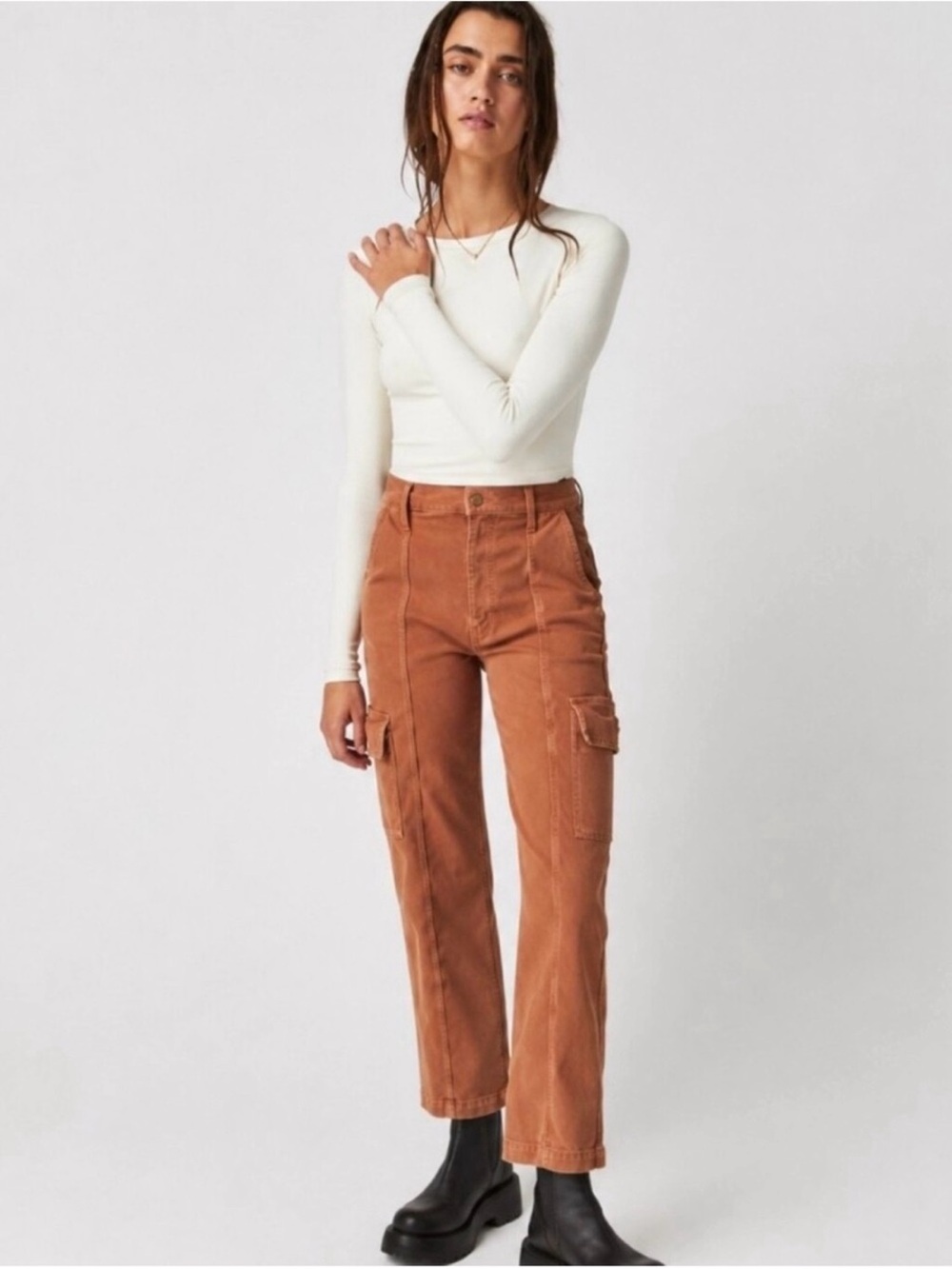 MOTHER Rambler Cargo Ankle Straight-Leg Jeans in Glazed Ginger 26 USA High Rise